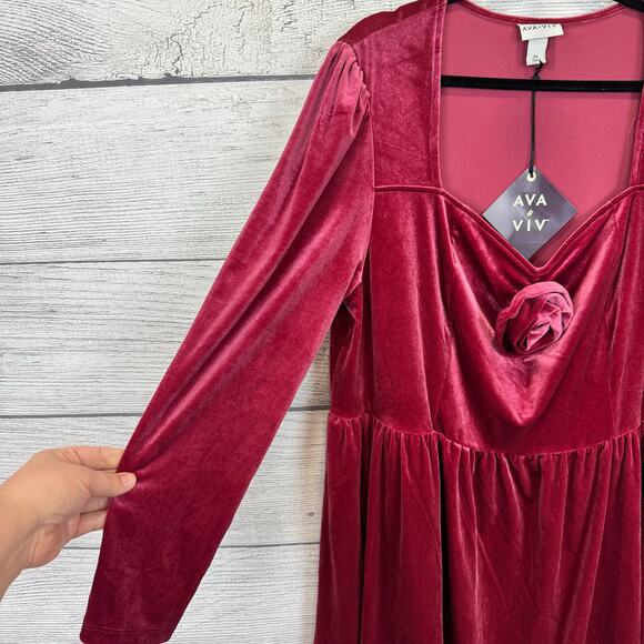 Ava & Viv Plus Size Pink Mauve Velvet Rose Long Sleeve Dress Size 2X - Picture 2 of 10